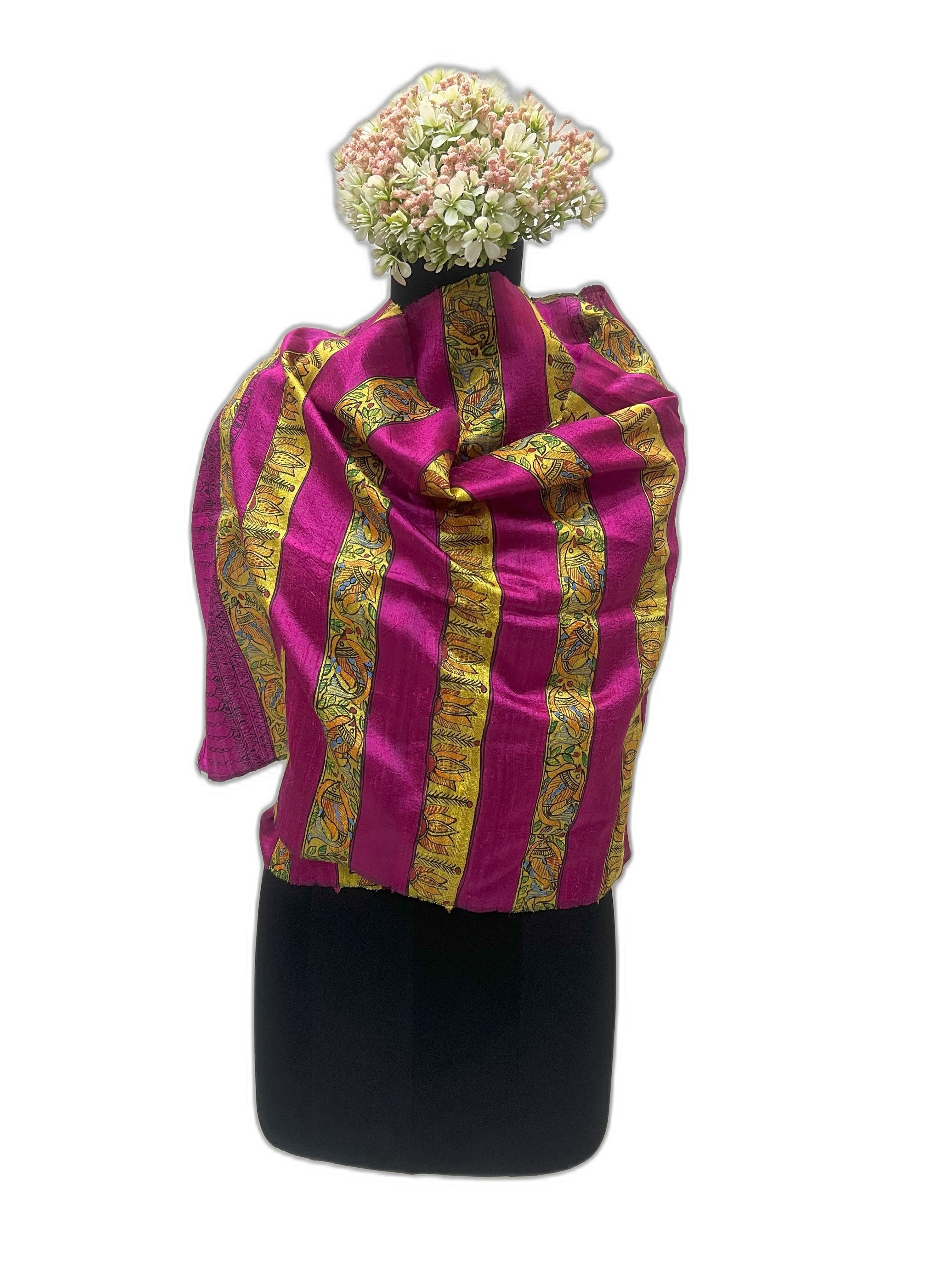 Madhubani stole with fish and lotus motif on hot pink